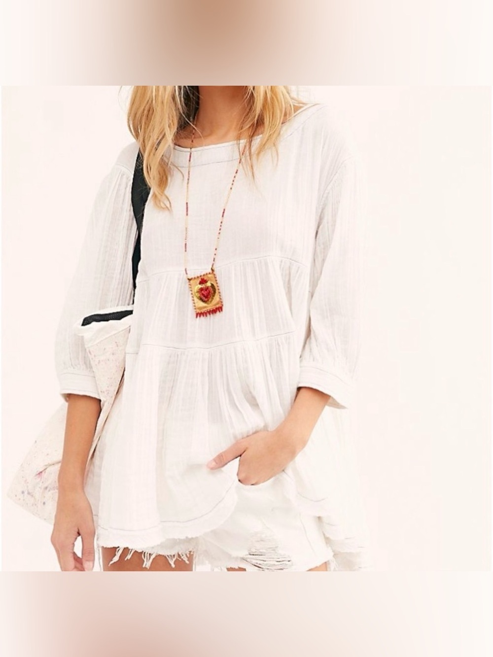 Free People Every Move You Make Top White Cotton Gauze Tunic Boho Size M